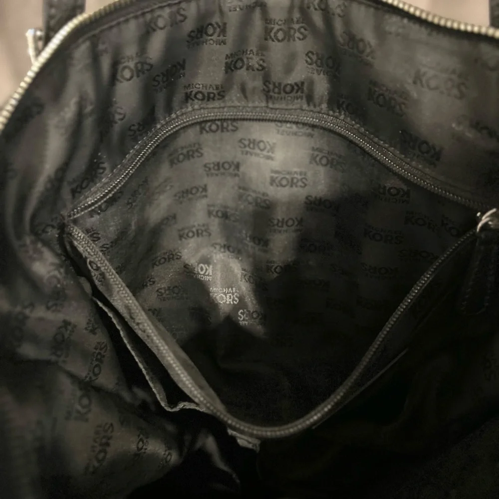 Michael Kors Black Tote Bag with MK logo throughout bag. - Picture 7 of 16